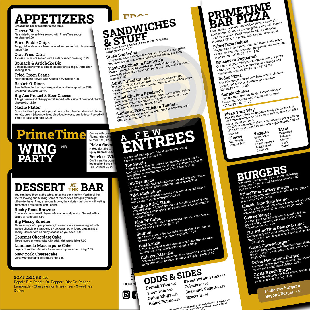 PrimeTime Sports Bar And Grill Menu